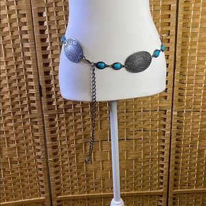 Western Concho Adjustable Chain Belt w Faux Turquoise in faux aged silver wide